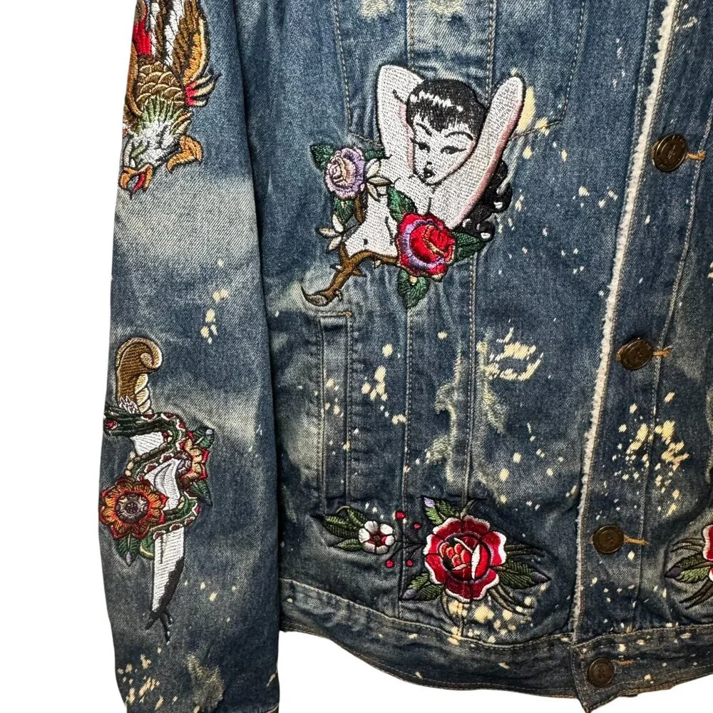 Reason Denim Sherpa Trucker Jacket Death Before Dishonor Embroidered Tattoo sz L
